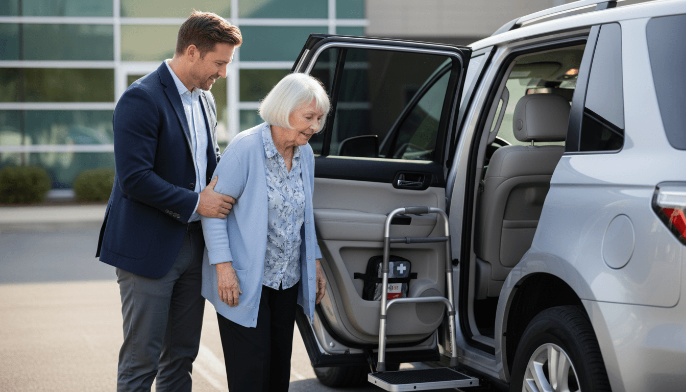 Professional driver carefully assisting elderly patient into modern SUV in healthcare facility parking lot with morning light