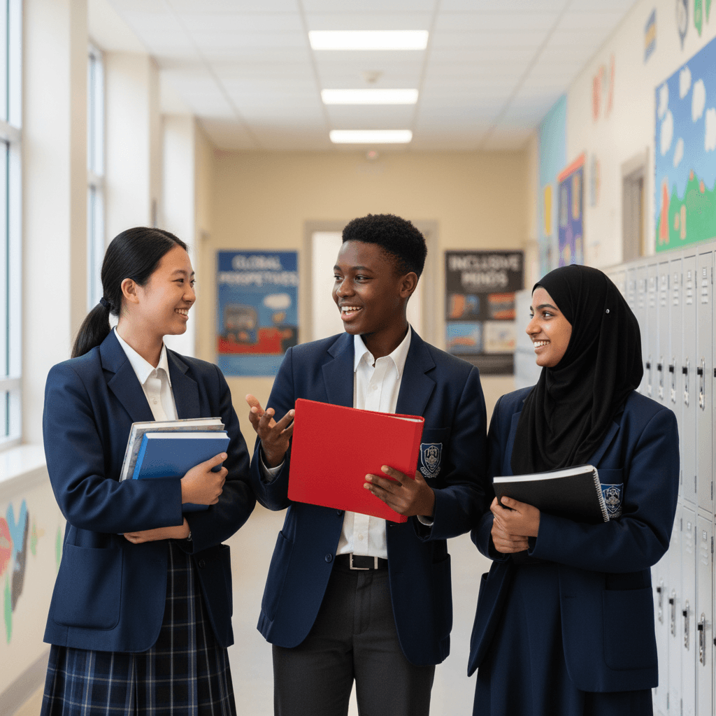 Three diverse high school students standing together in school corridor wearing uniforms and smiling, representing multicultural school community